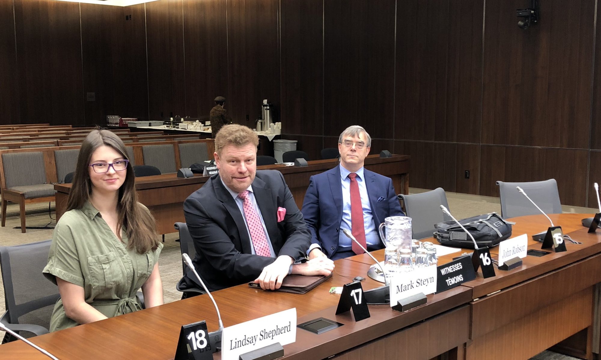 Lindsay Shepherd, Mark Steyn and John Robson before their testimony before the House of Commons' Standing Committee on Justice and Human Rights.